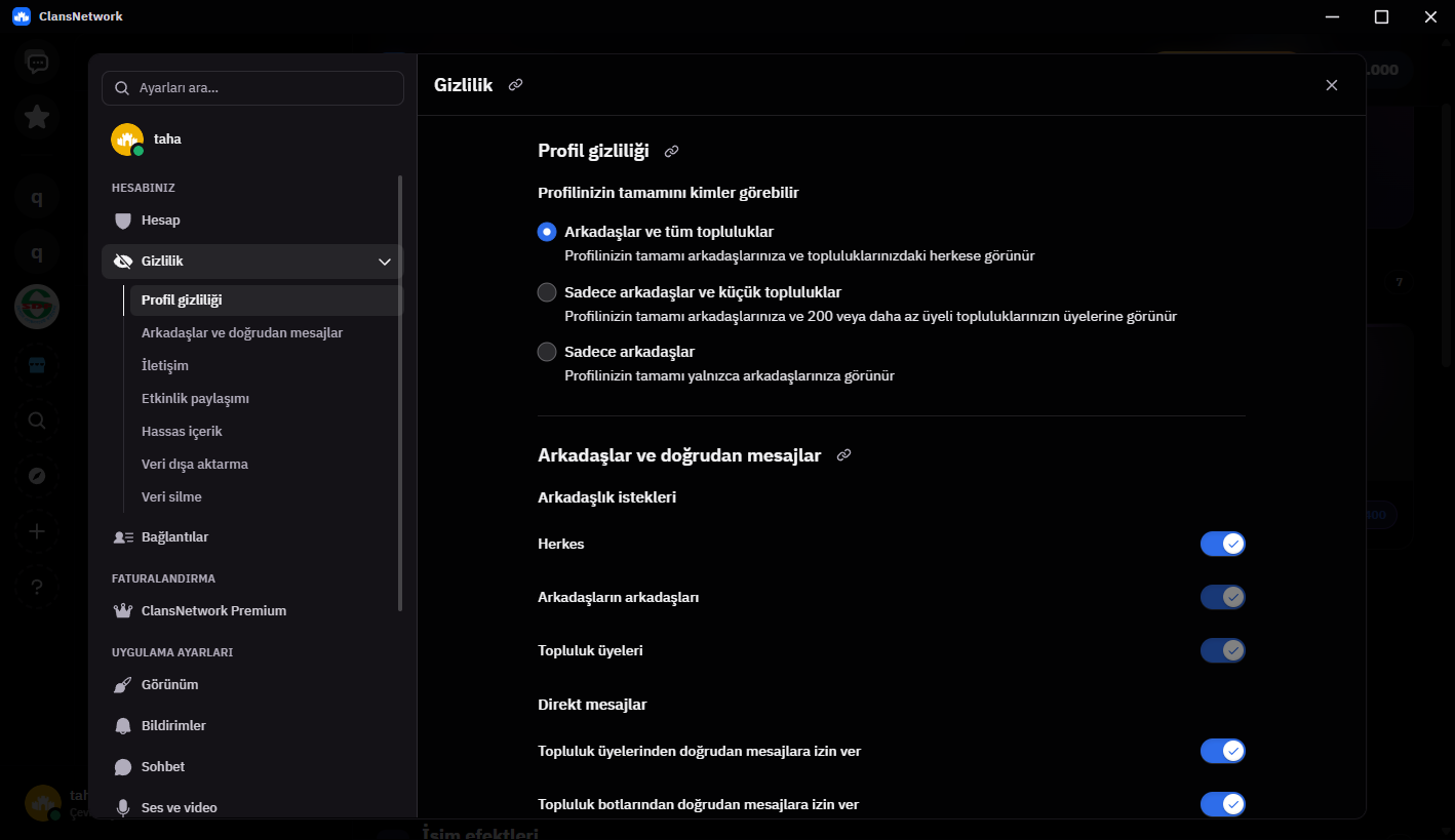 ClansNetwork uygulamasında profil gizliliği ve mesaj isteği ayarları